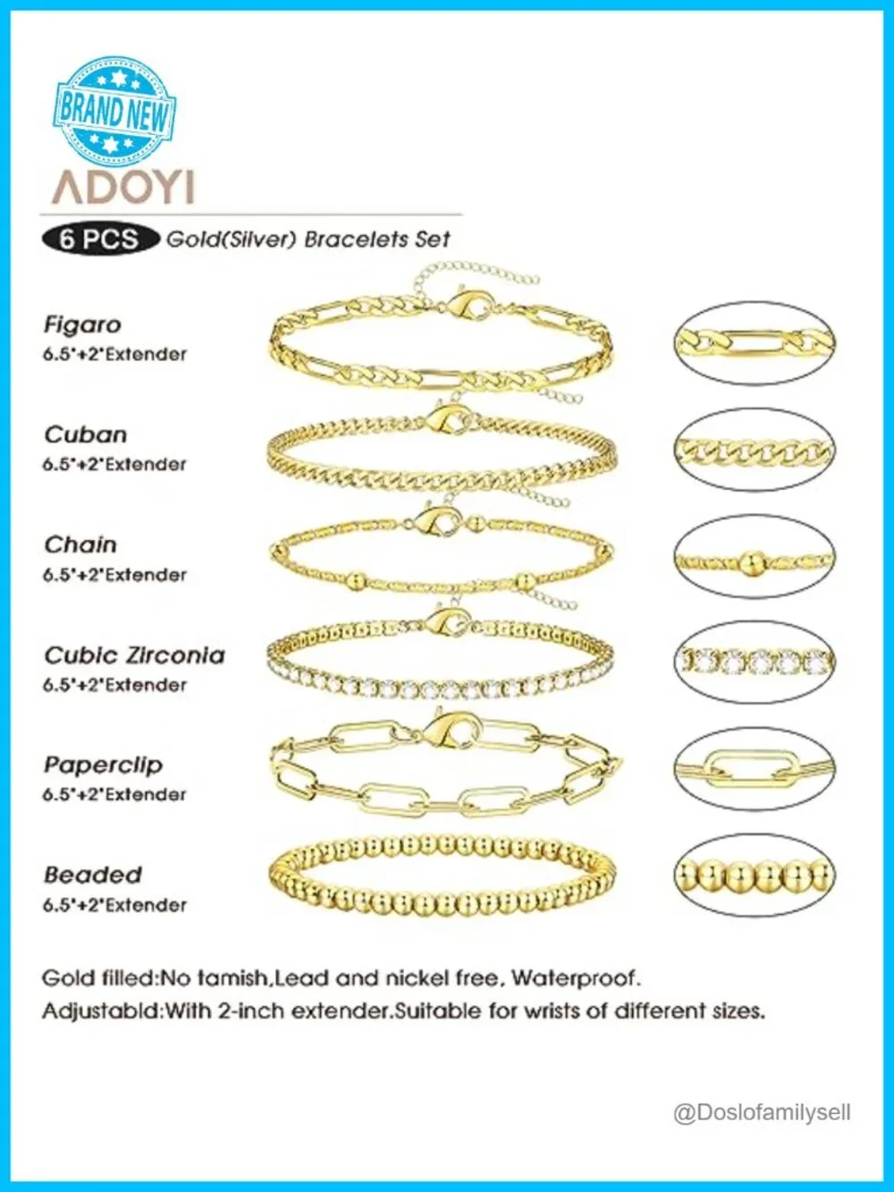 14K Gold Plated Stackable Bracelet Set Link Chain Charm Paperclip Cuban Layered